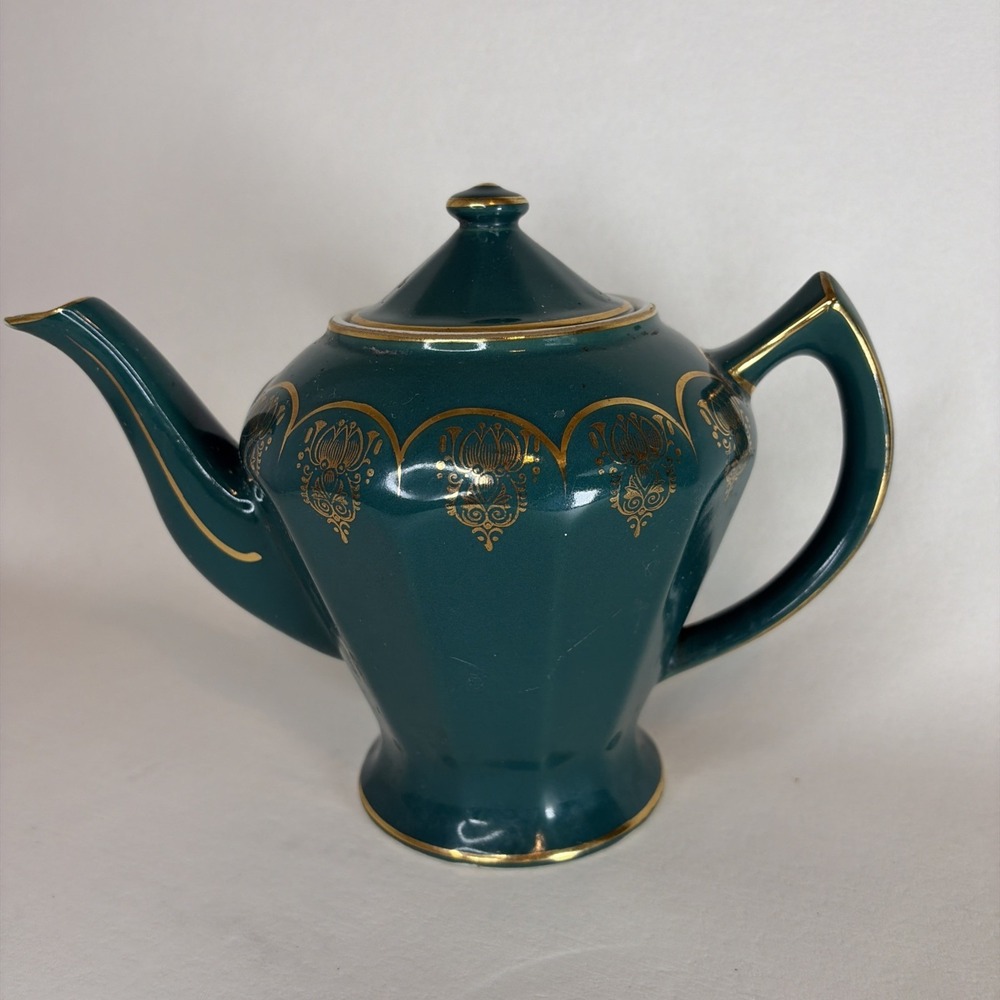 Vintage Hall Albany Teapot Green With Gold Trim 7 1/4" Tall USA VGC